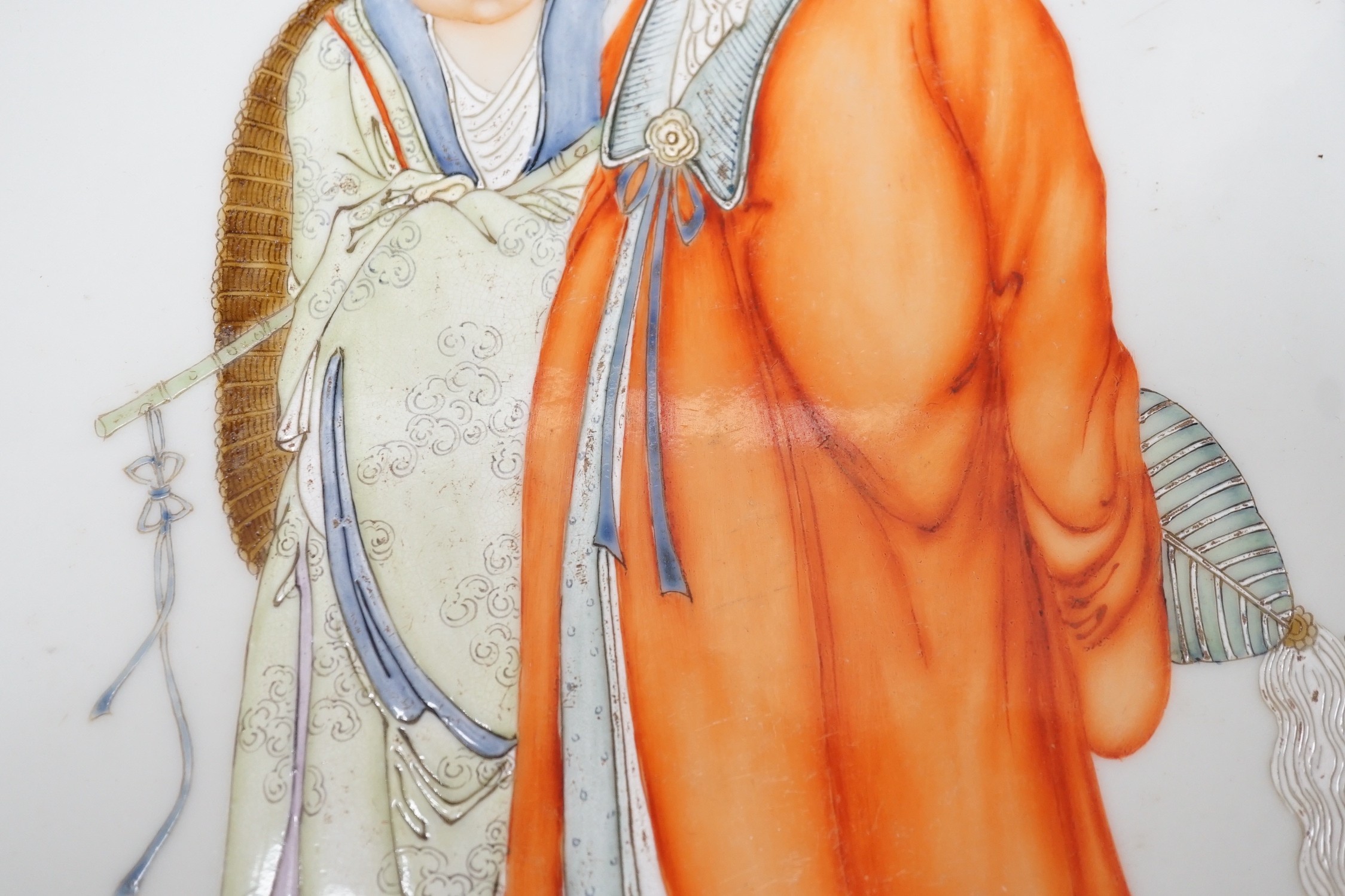A Chinese framed famille rose plaque of 2 scholars, 47 x 32cm including frame